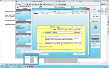 Windows Server 2012 Anwaltssoftware Labortests - LawFirm Professional - Technik-Test mit der Erinnerungsfunktion in der Aufgabenverwaltung, im Hintergrund der Dokumentenviewer mit einer Fax-Vorschau-Anzeige